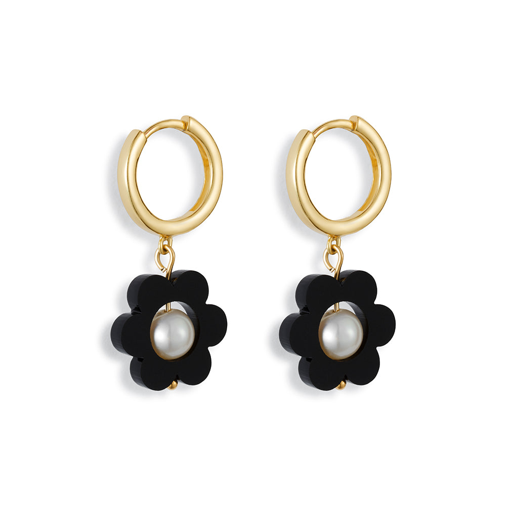 Flower Pearl Huggie Earrings - Black