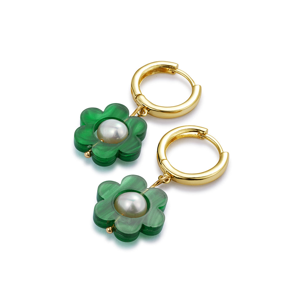 Flower Pearl Huggie Earrings - Green