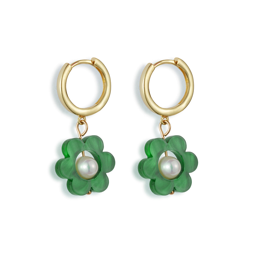 Flower Pearl Huggie Earrings - Green