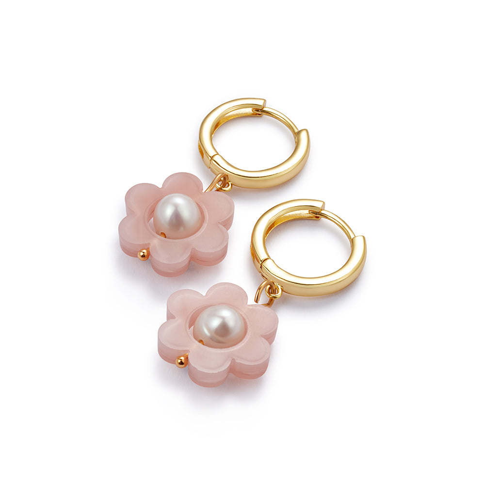 Flower Pearl Huggie Earrings - Pink