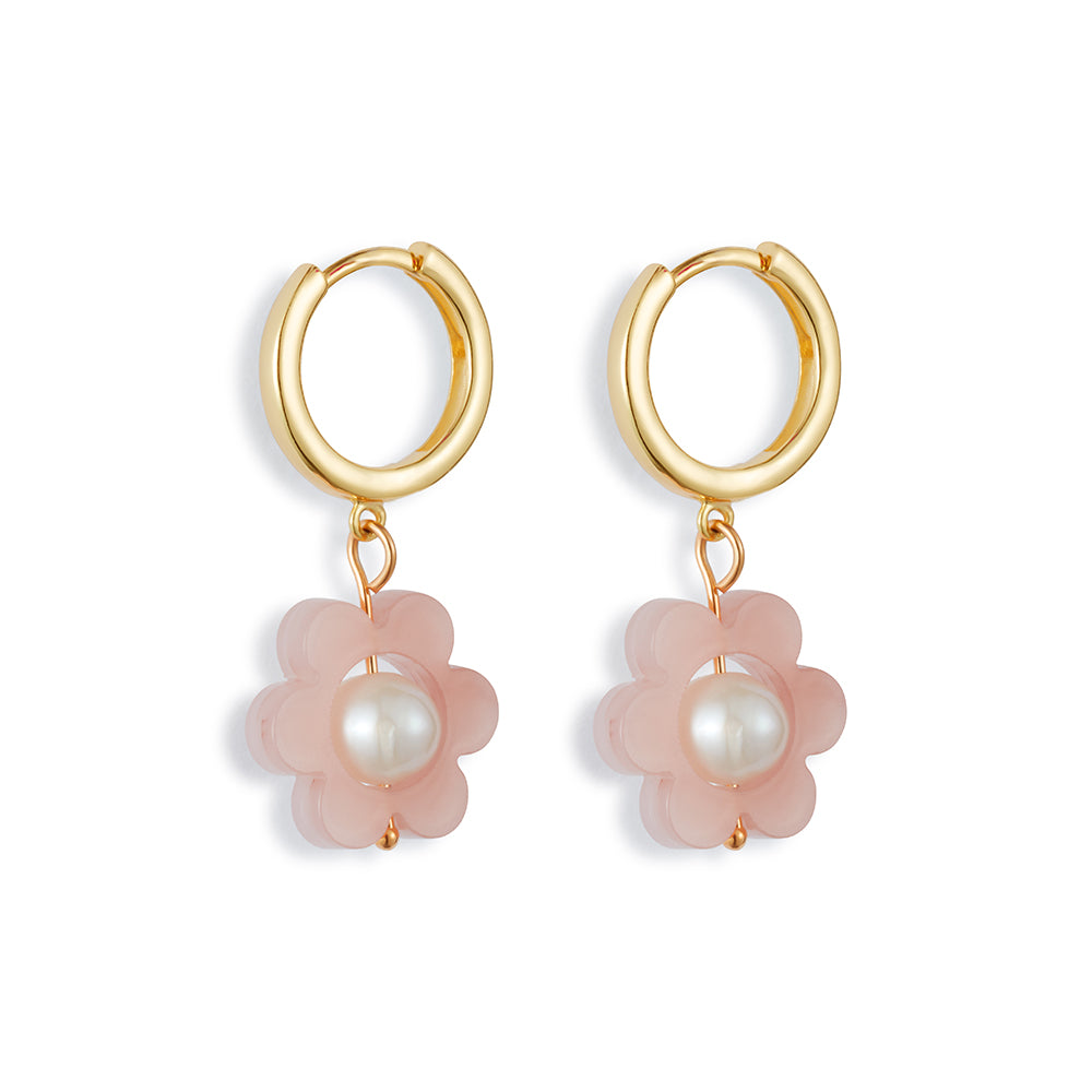 Flower Pearl Huggie Earrings - Pink