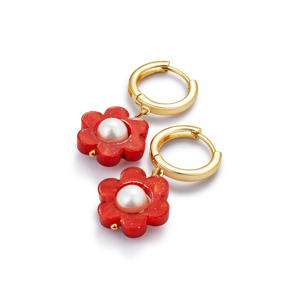 Flower Pearl Huggie Earrings - Sienna Red