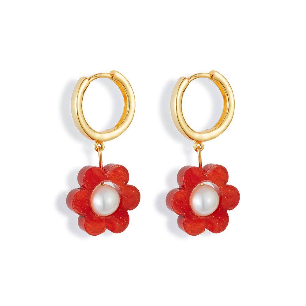 Flower Pearl Huggie Earrings - Sienna Red