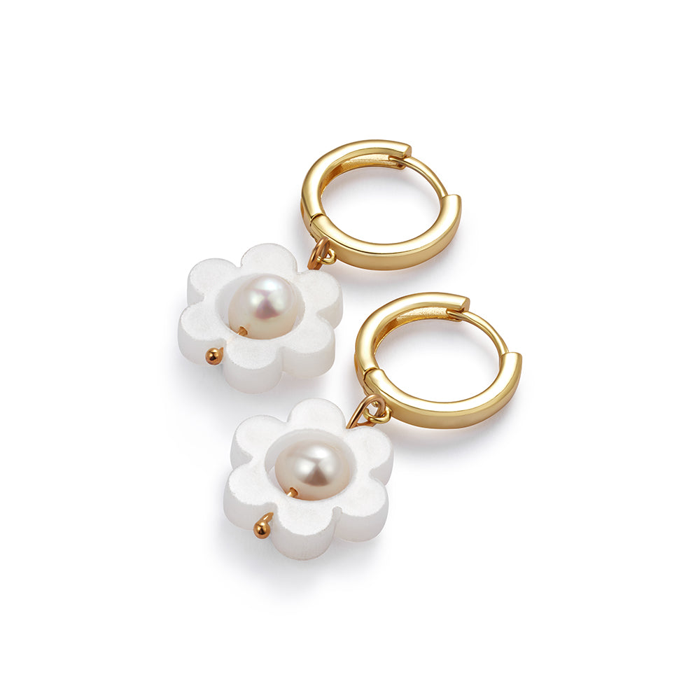 Flower Pearl Huggie Earrings - White