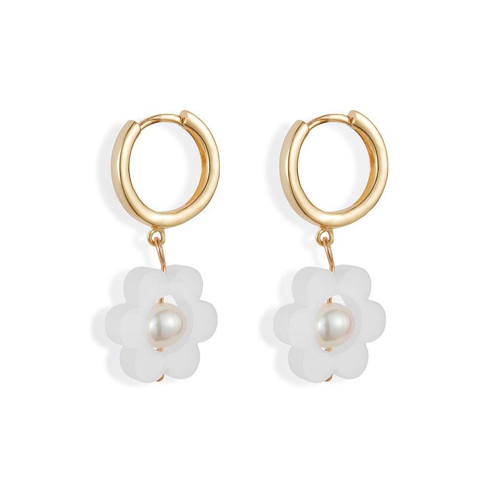 Flower Pearl Huggie Earrings - White