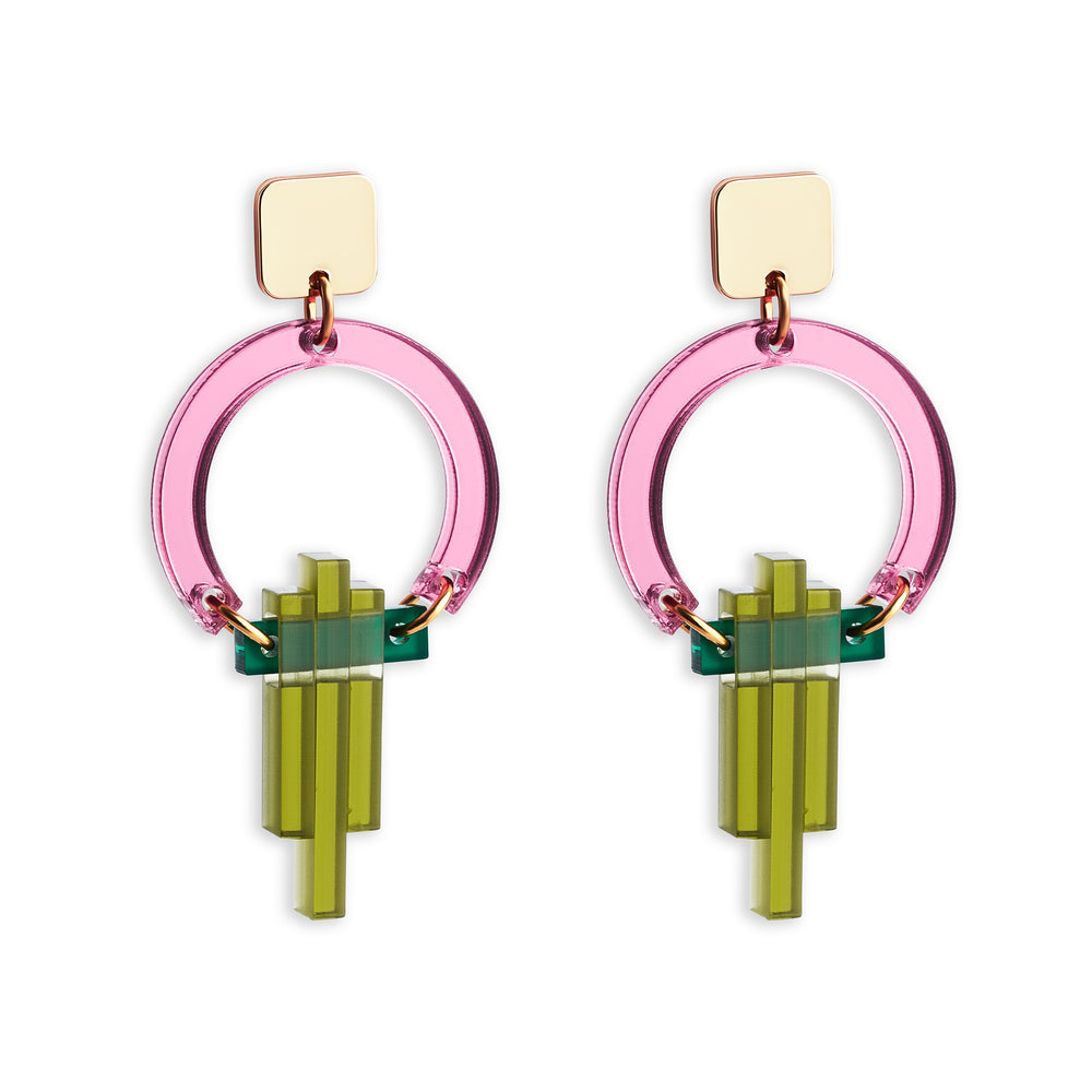 Petite Art Deco Chandelier Earrings - Pink Mirror and Lime Zest Green