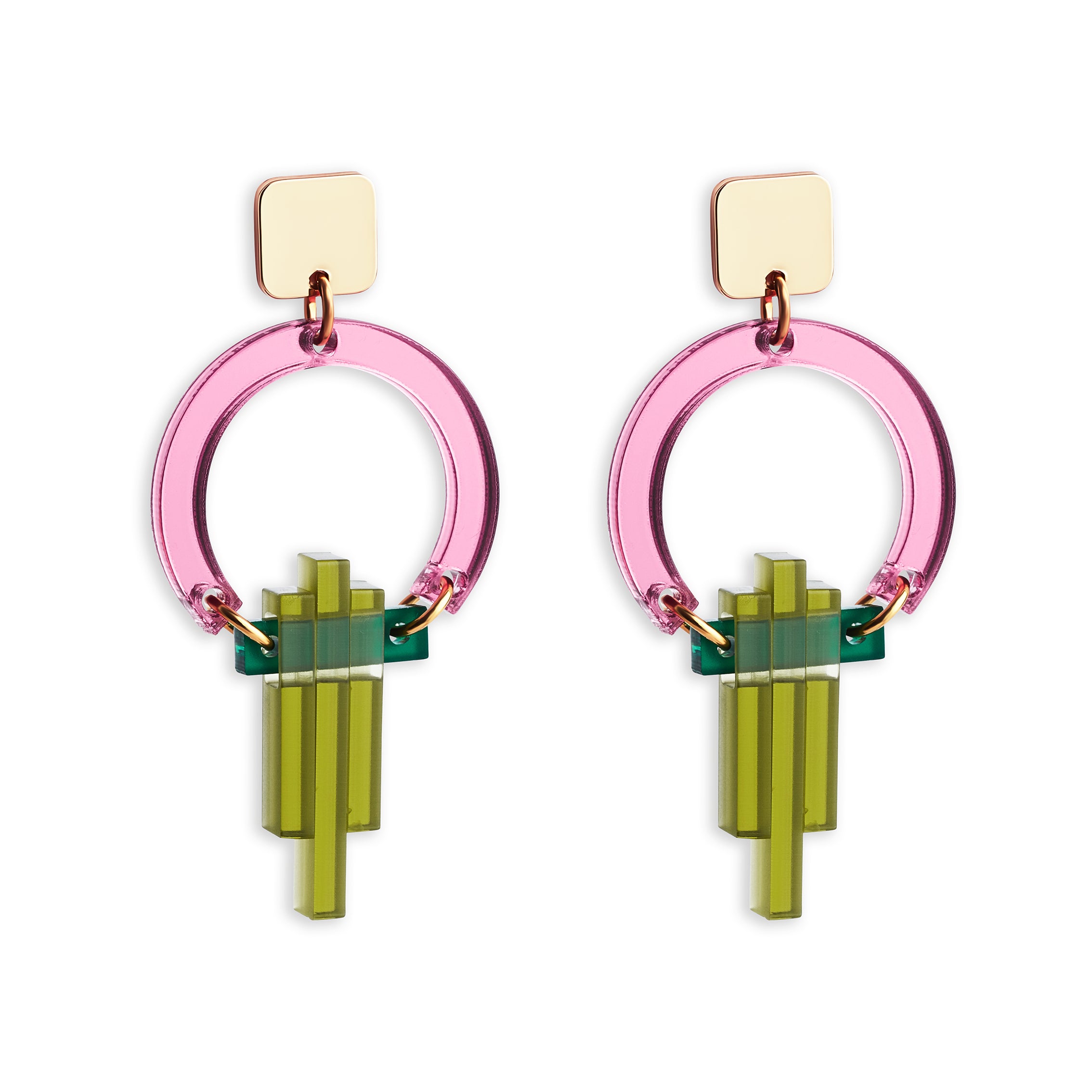 Petite Art Deco Chandelier Earrings - Pink Mirror and Lime Zest Green
