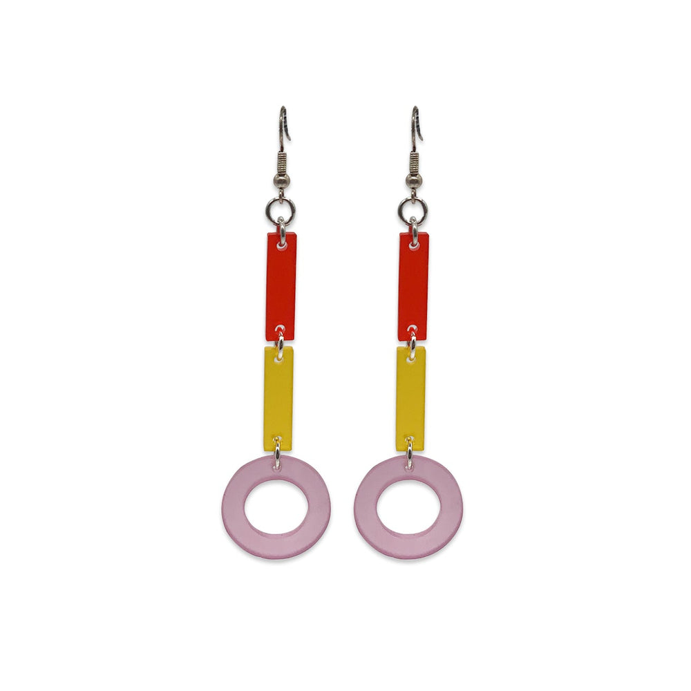 Pop Art Drop Earrings - Red, Yellow & Heather