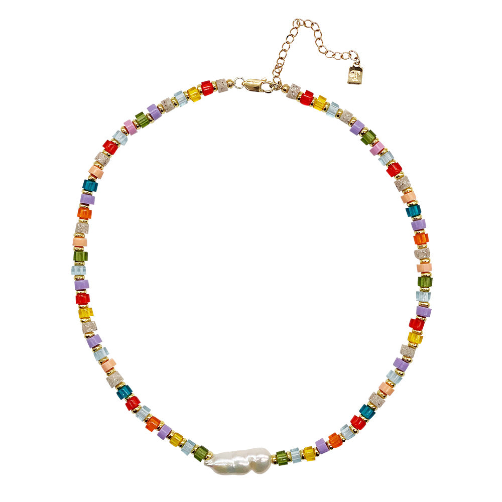 Beaded Necklace - Rainbow & Pearl