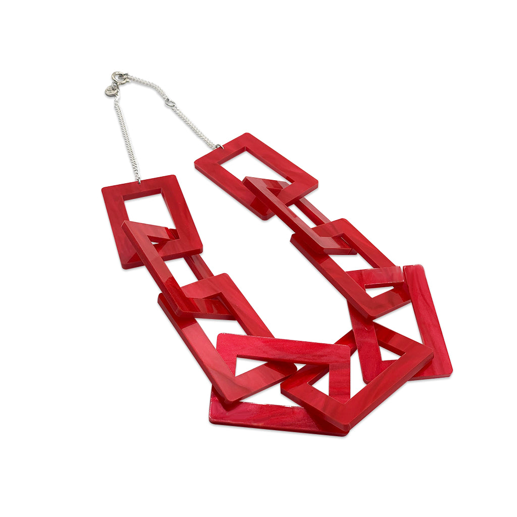 Rectangle Link Necklace - Red Pearl