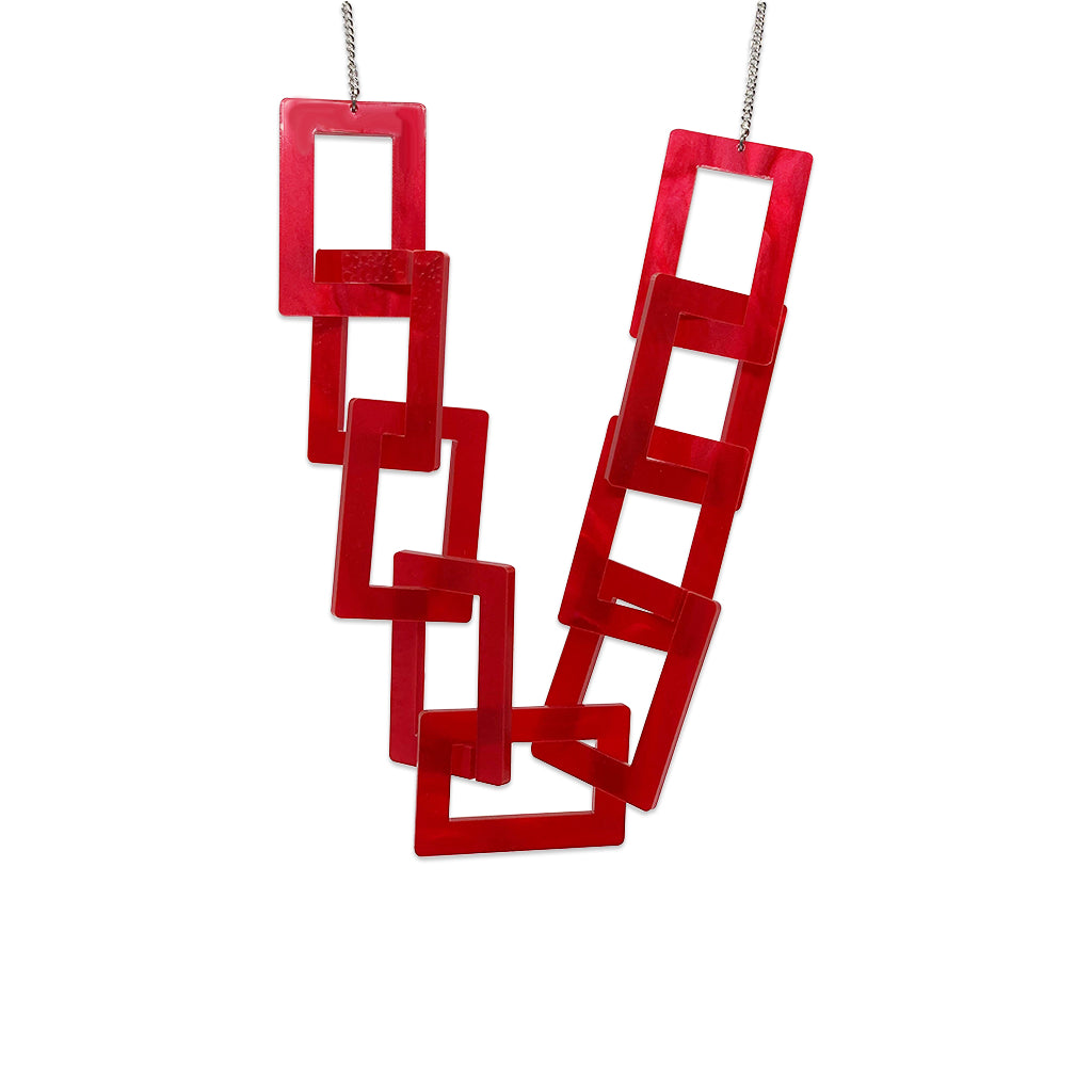 Rectangle Link Necklace - Red Pearl