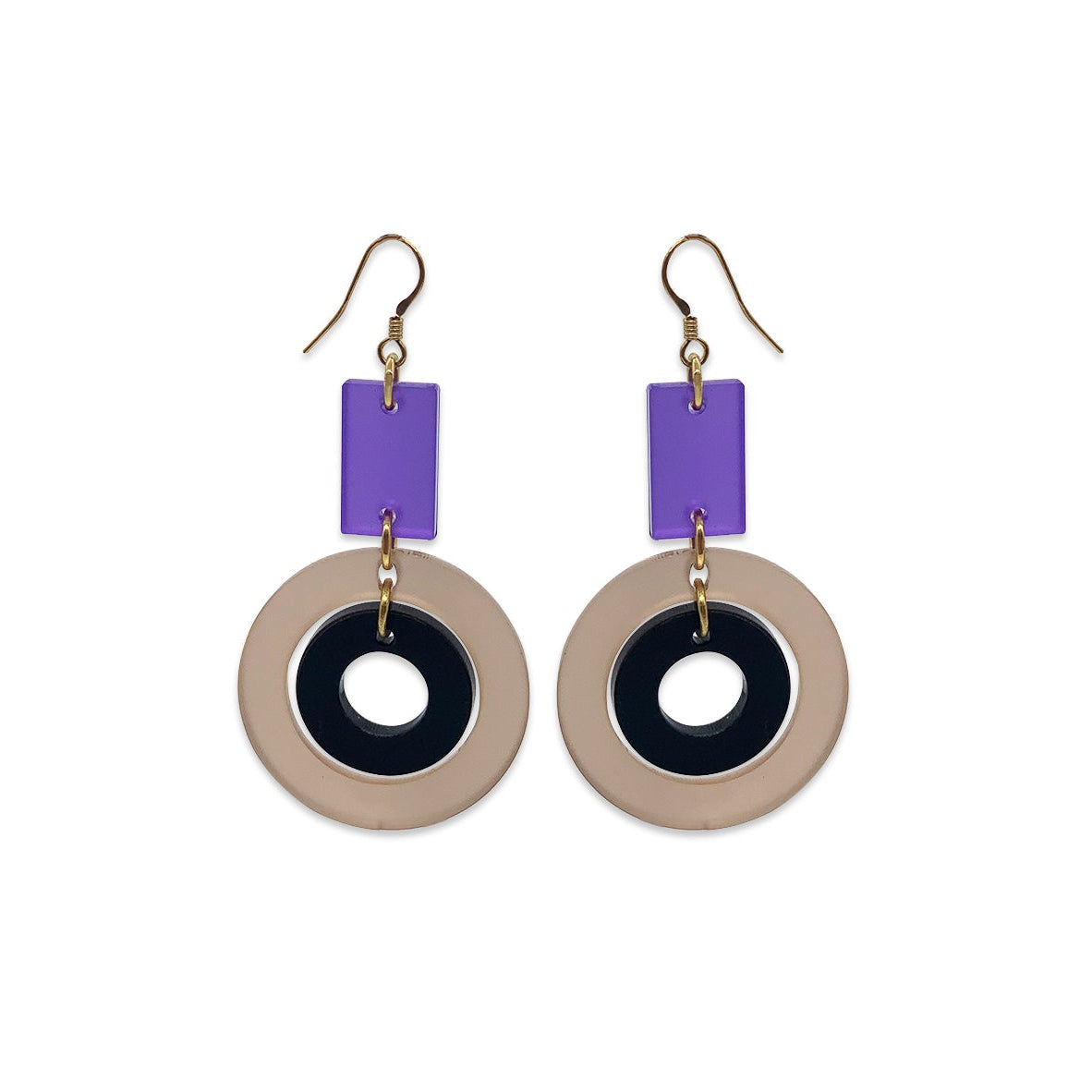 Retro Circle Drop Earrings - Purple & Champagne