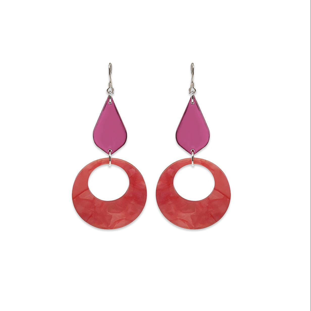Retro Circle Earrings - Pink Mirror & Pink Pearl