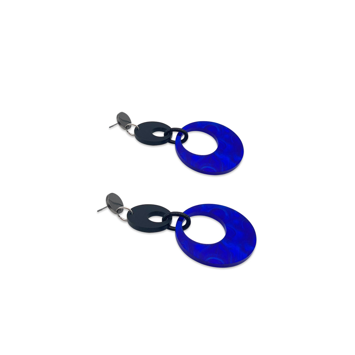 Swinging Circle Drop Earrings - Royal Blue Swirl & Black