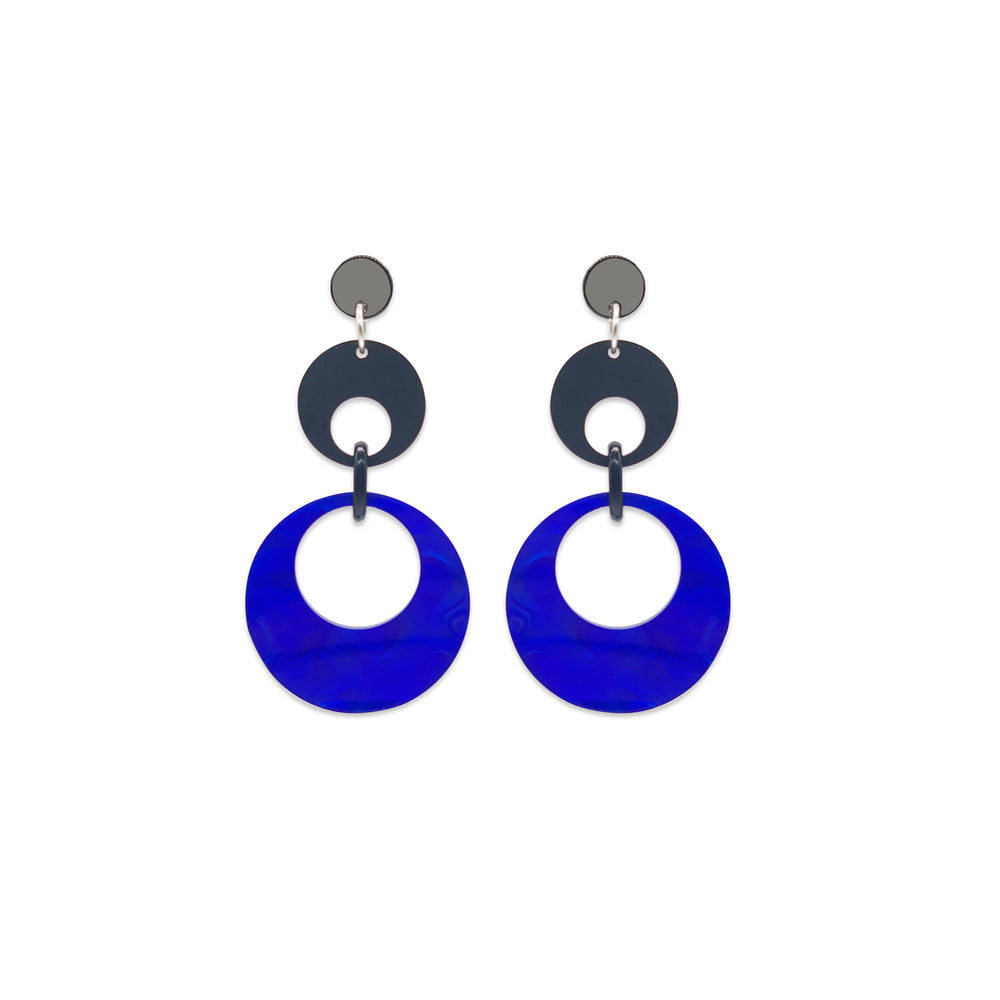 Swinging Circle Drop Earrings - Royal Blue Swirl & Black