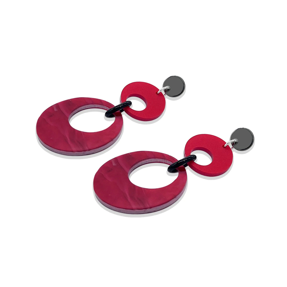 Swinging Circle Drop Earrings - Pink Swirl & Royal Red