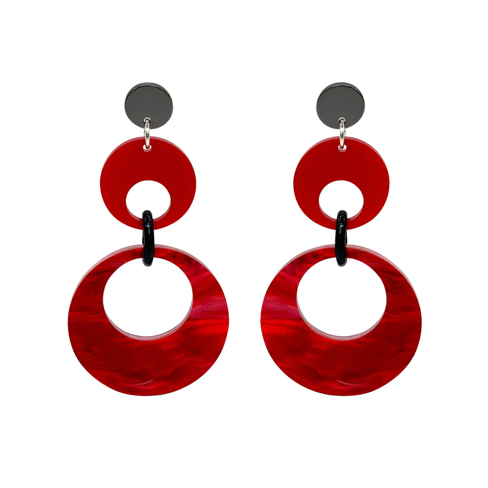 Swinging Circle Drop Earrings - Pink Swirl & Royal Red