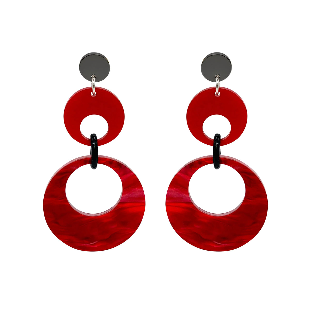 Swinging Circle Drop Earrings - Pink Swirl & Royal Red