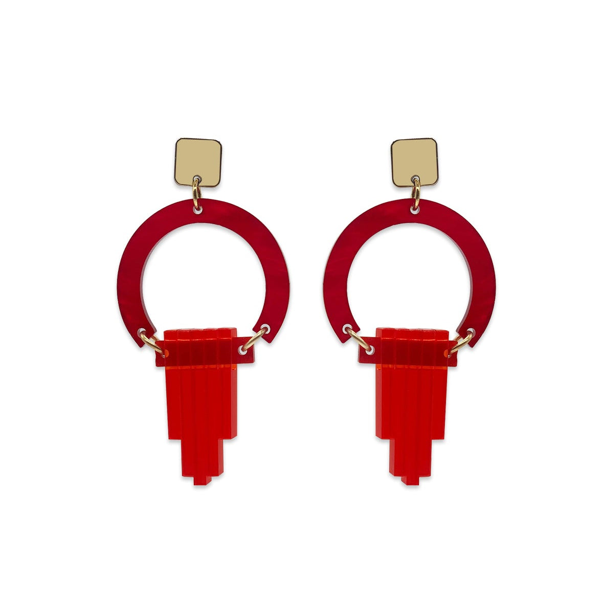 Art Deco Chandelier Earrings - Berry Red Swirl, Red Pearl & Chilli Red Frost