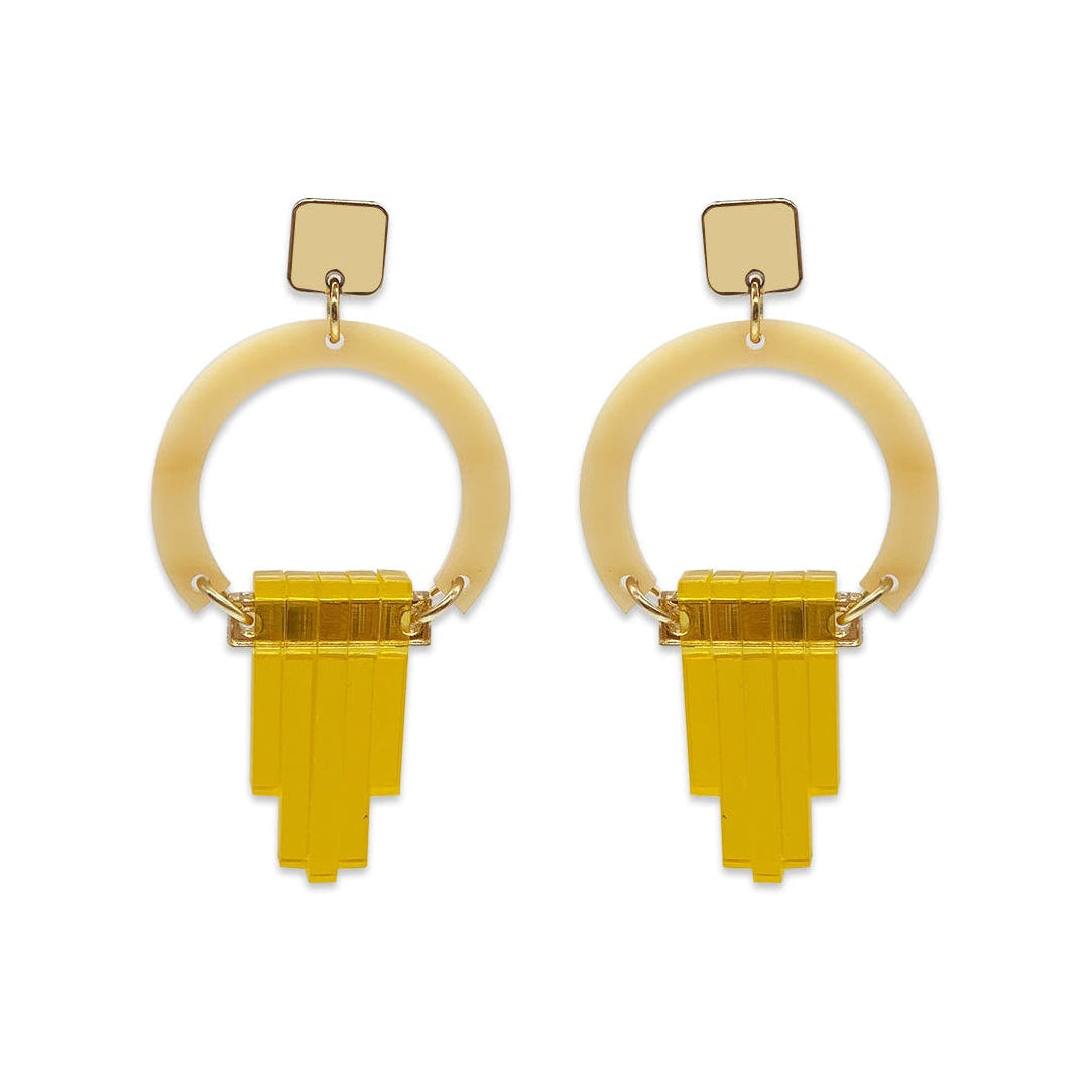 Art Deco Chandelier Earrings - Caramel Marble, Gold Mirror & Saffron