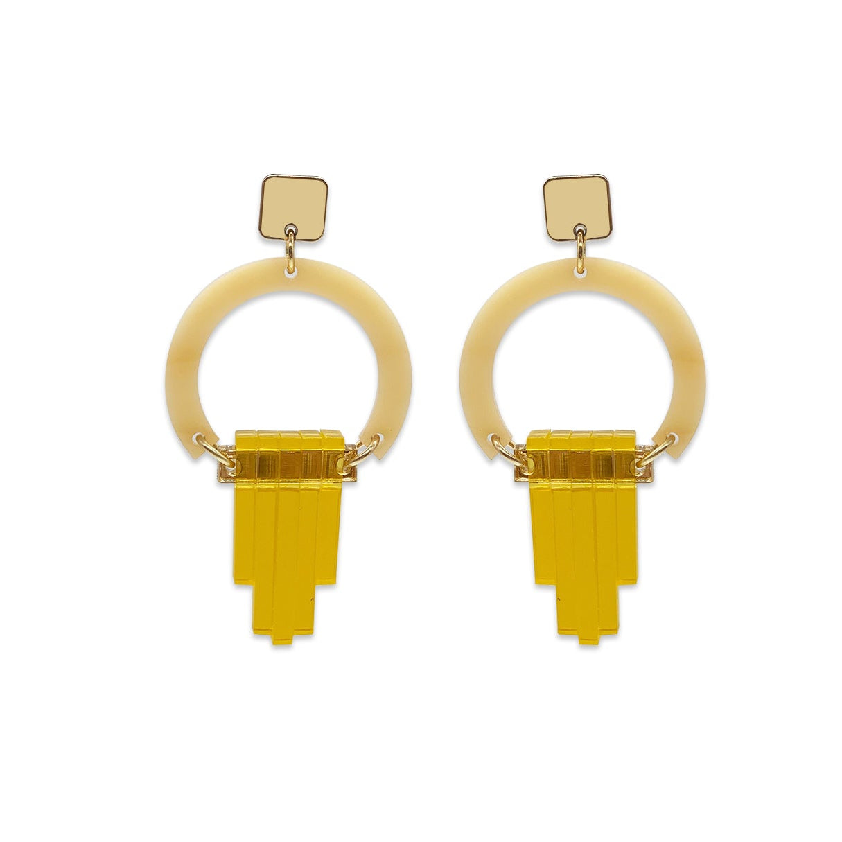 Art Deco Chandelier Earrings - Caramel Marble, Gold Mirror & Saffron