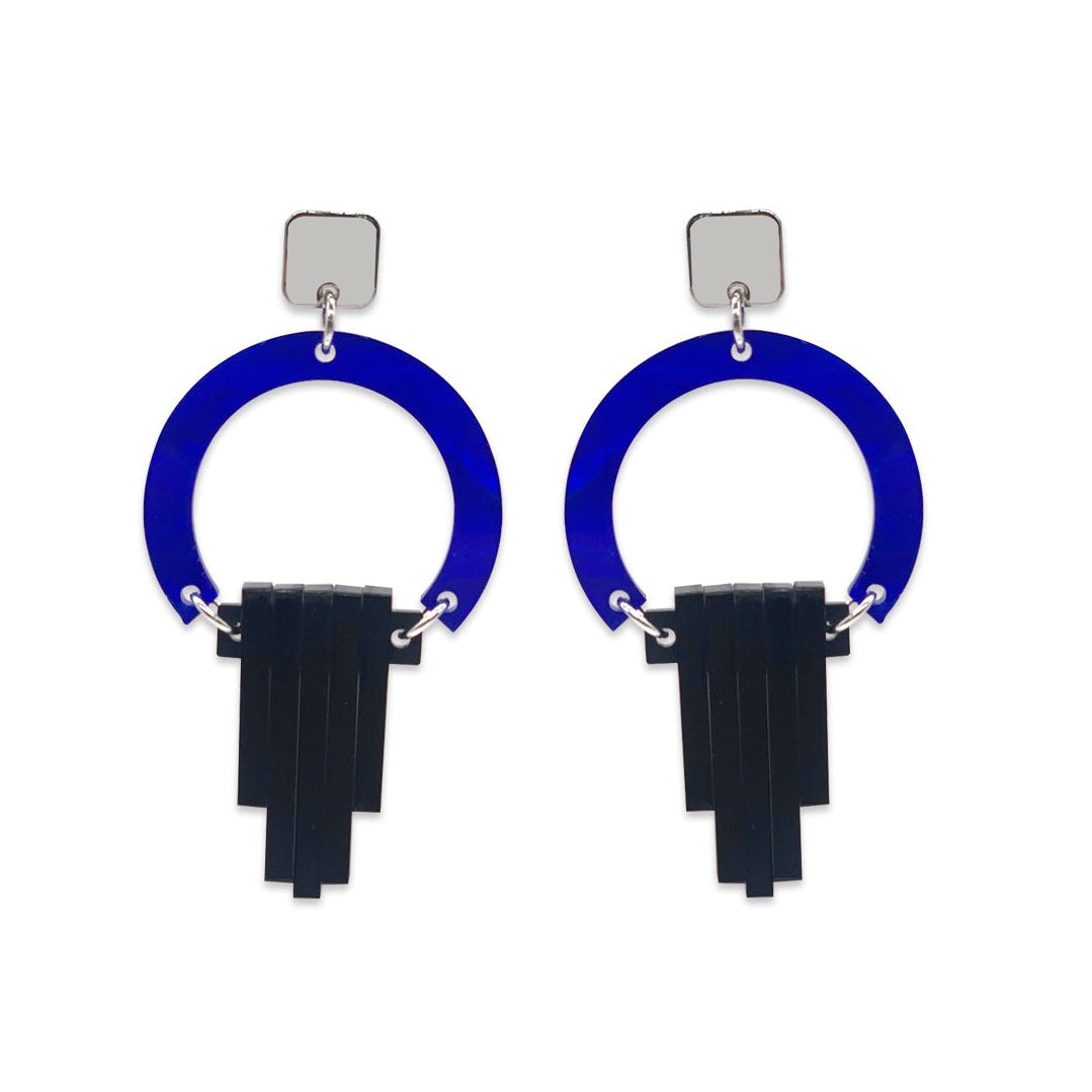 Art Deco Chandelier Earrings - Royal Blue Swirl & Midnight Black