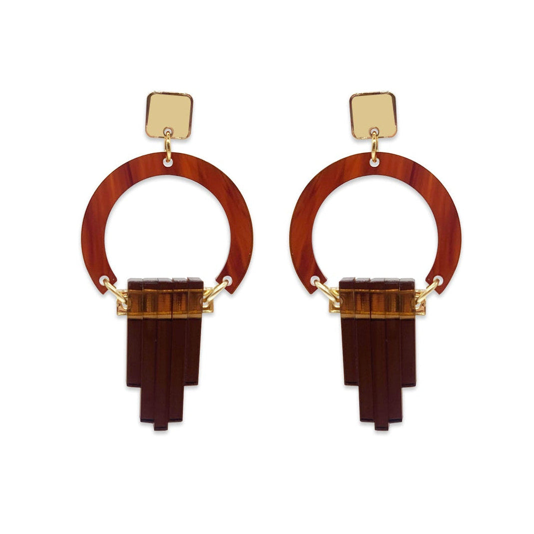 Art Deco Chandelier Earrings - Tortoiseshell, Gold Mirror & Earth Brown
