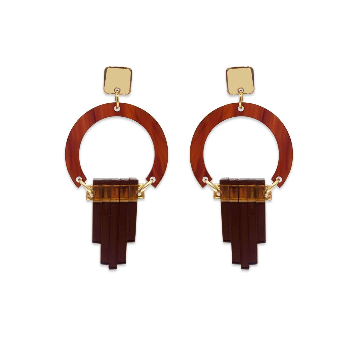Art Deco Chandelier Earrings - Tortoiseshell, Gold Mirror & Earth Brown