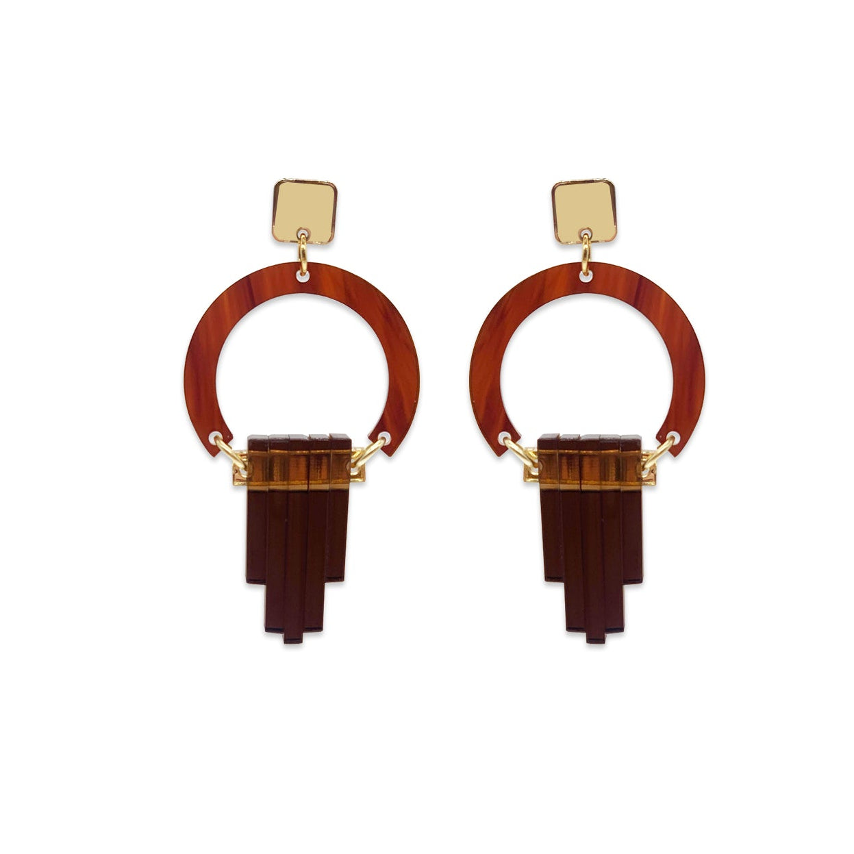 Art Deco Chandelier Earrings - Tortoiseshell, Gold Mirror & Earth Brown