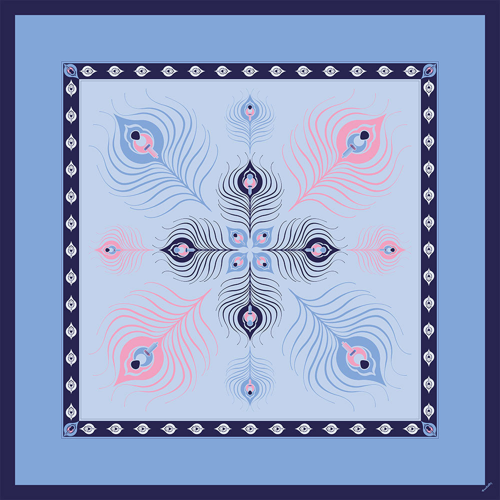The Peacock Large Square Silk Scarf- Sky Blue