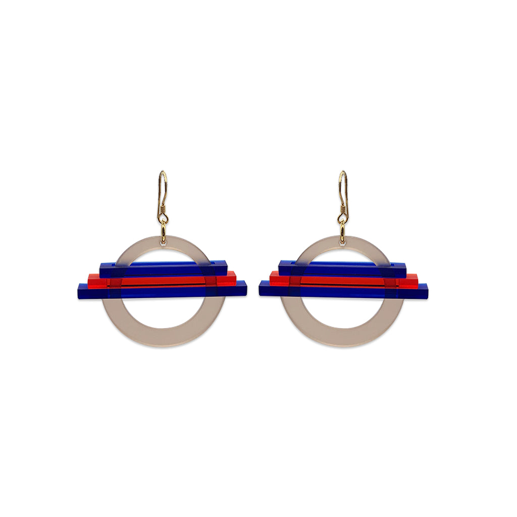 Small Saturn Earrings - Champagne, Chilli Red & Sapphire