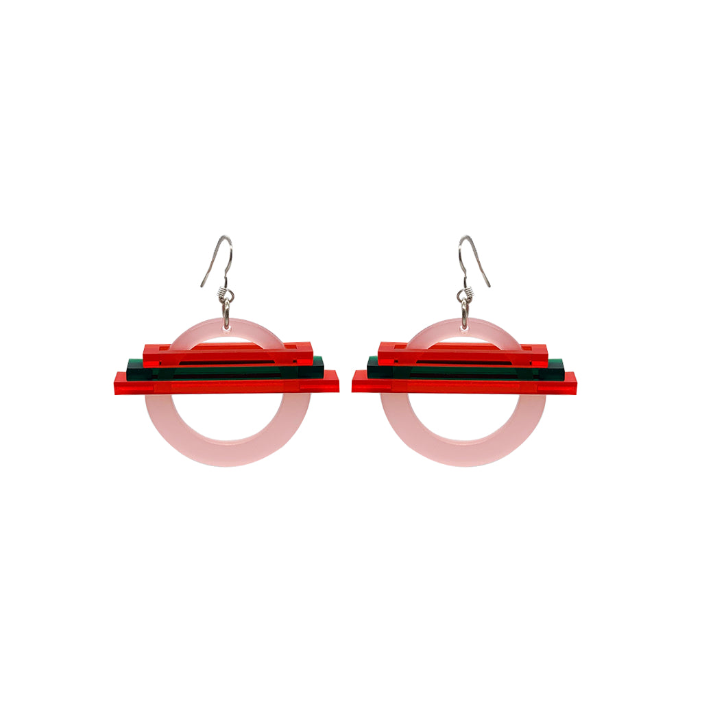 Small Saturn Earrings - Blush, Chilli Red & Black