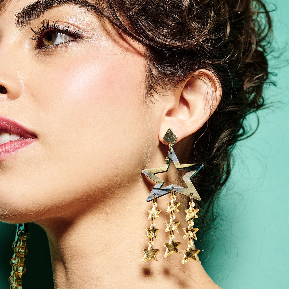 Star Chandelier Earrings - Inky Black & Gold