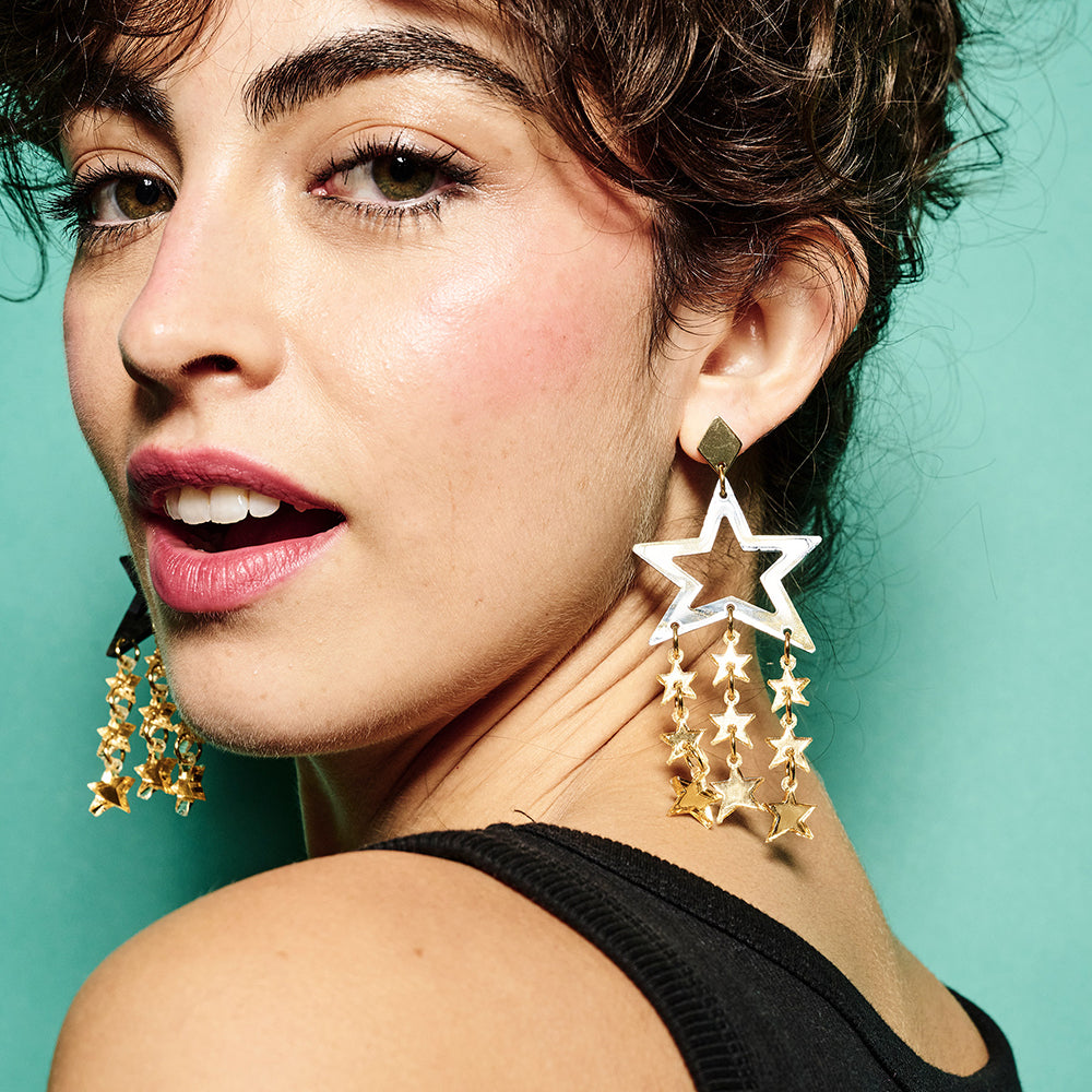 Star Chandelier Earrings - Green Glitter & Iridescent
