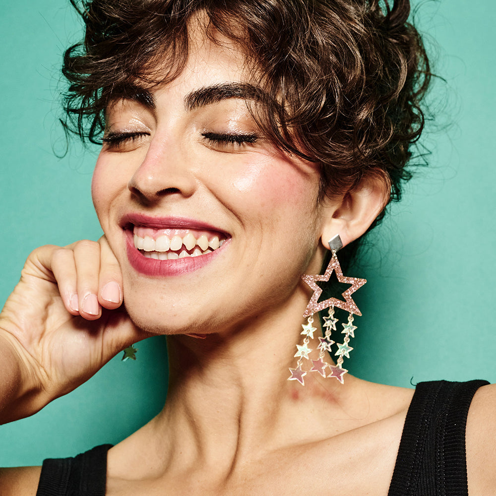 Star Chandelier Earrings - Hot Pink Glitter