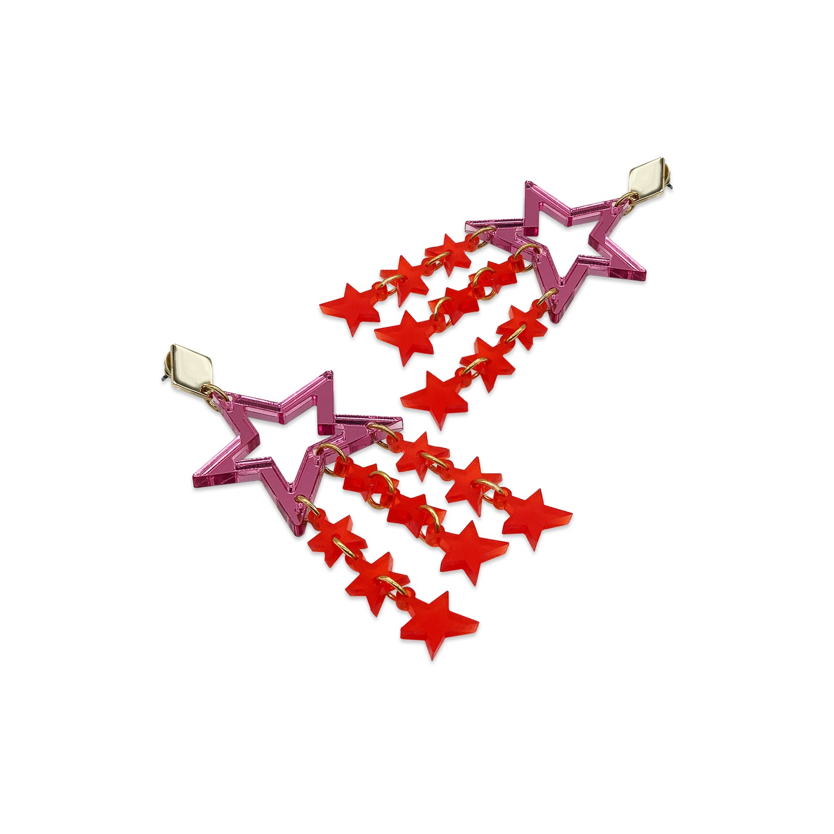 Star Chandelier Earrings - Pink Mirror & Chilli Red