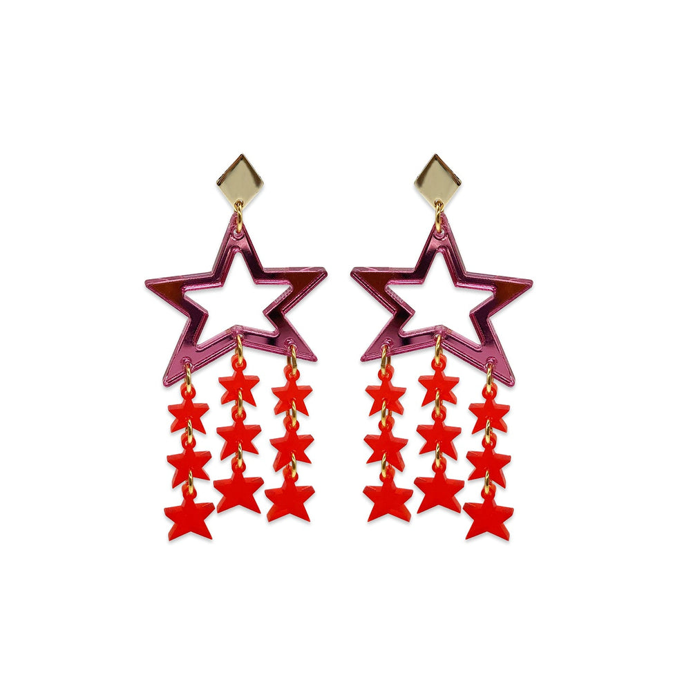Star Chandelier Earrings - Pink Mirror & Chilli Red