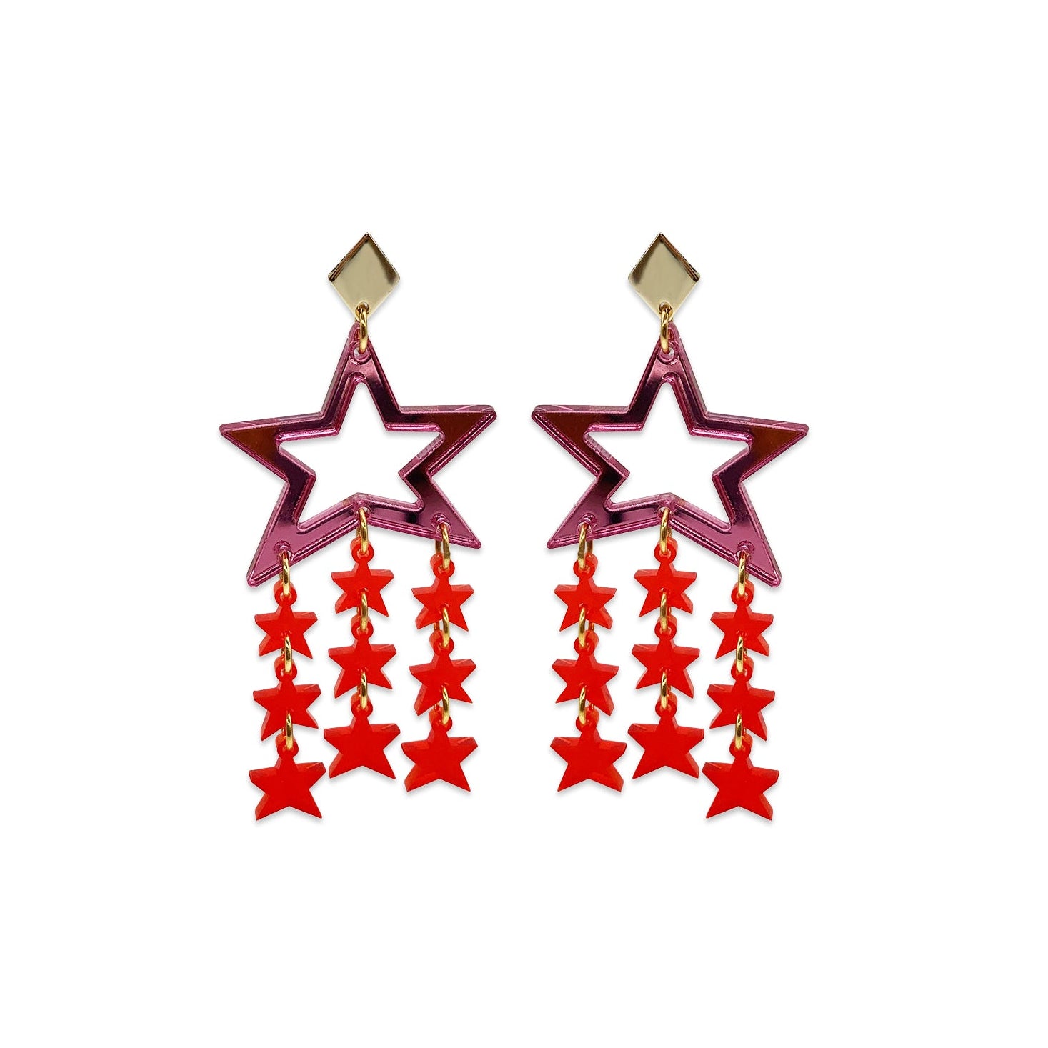 Star Chandelier Earrings - Pink Mirror & Chilli Red