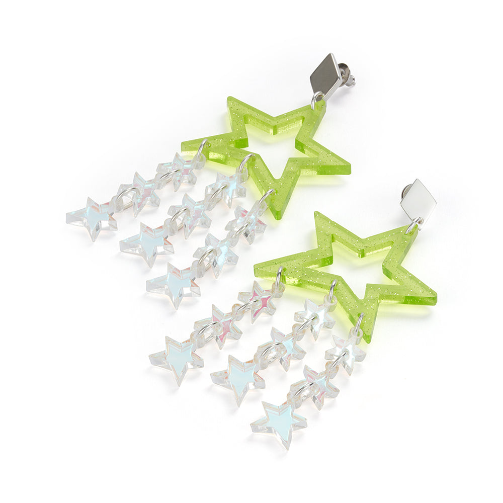Star Chandelier Earrings - Green Glitter