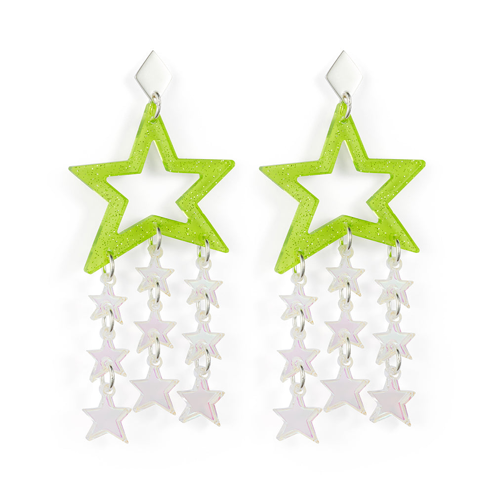 Star Chandelier Earrings - Green Glitter & Iridescent