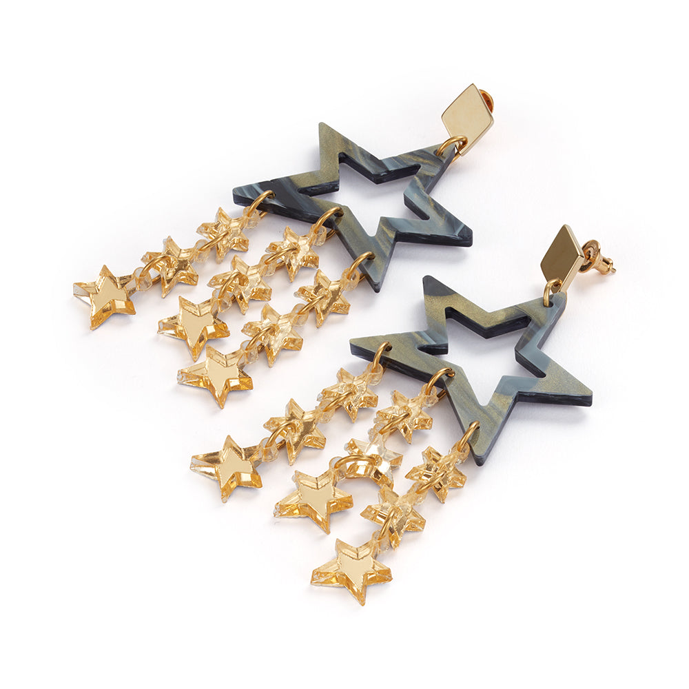 Star Chandelier Earrings - Black Swirl & Gold