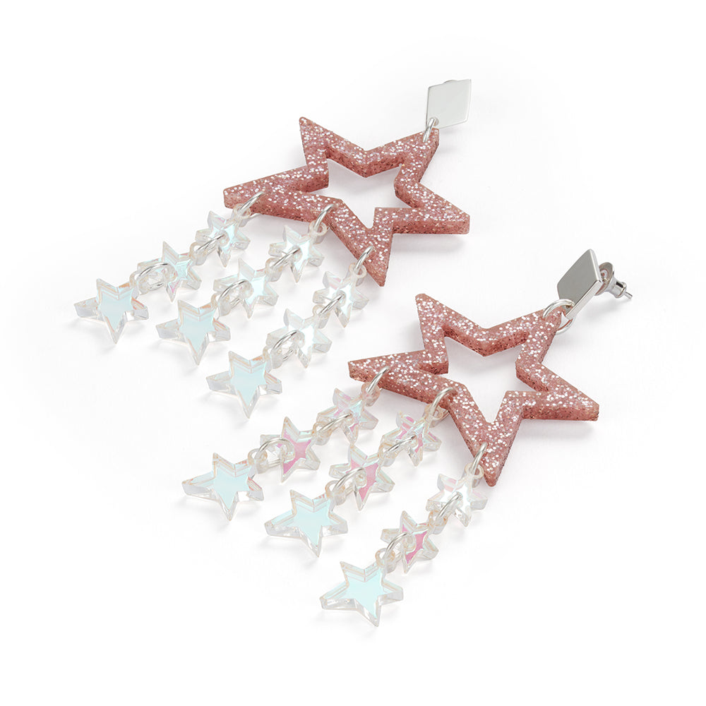Star Chandelier Earrings - Pink Glitter & Iridescent