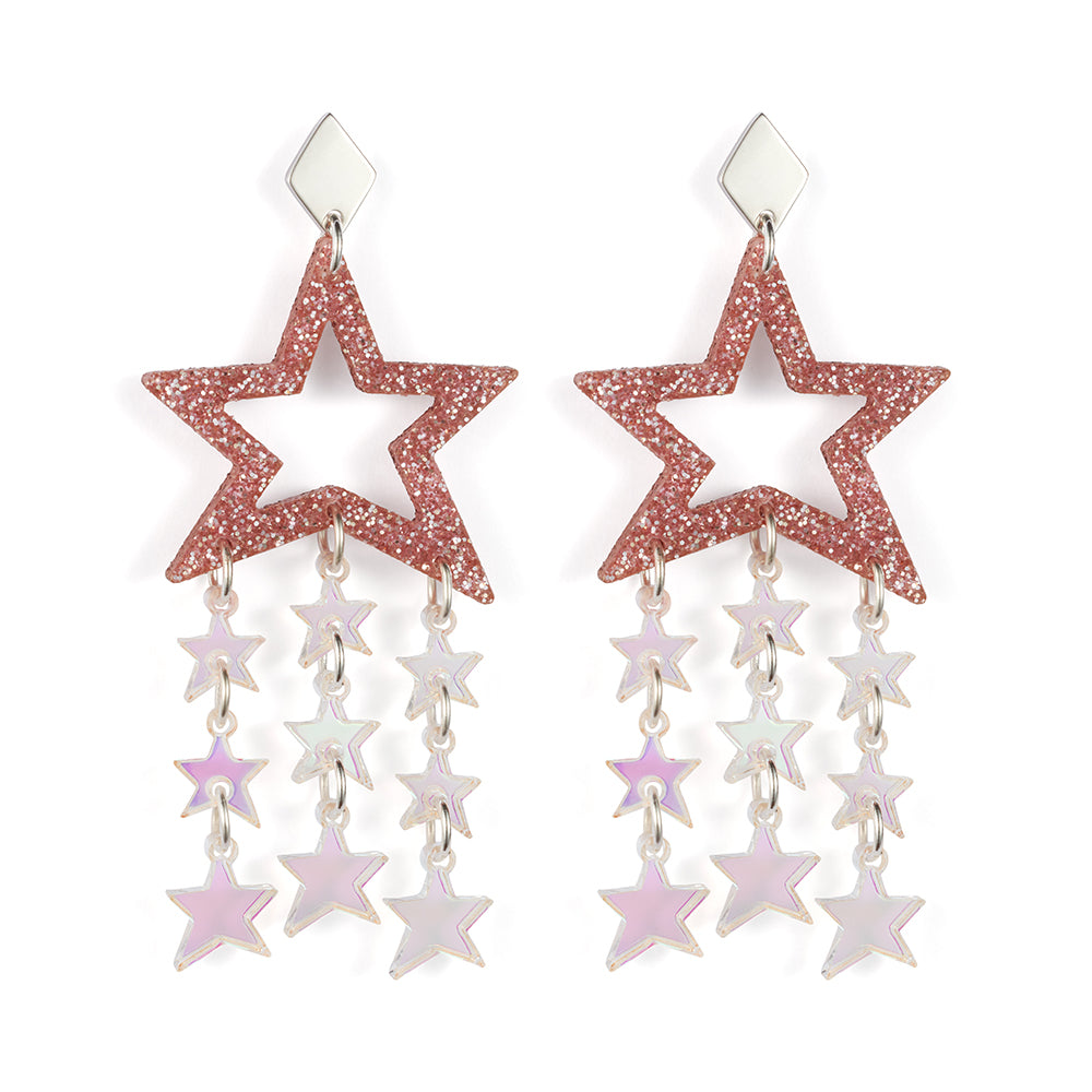 Star Chandelier Earrings - Pink Glitter & Iridescent