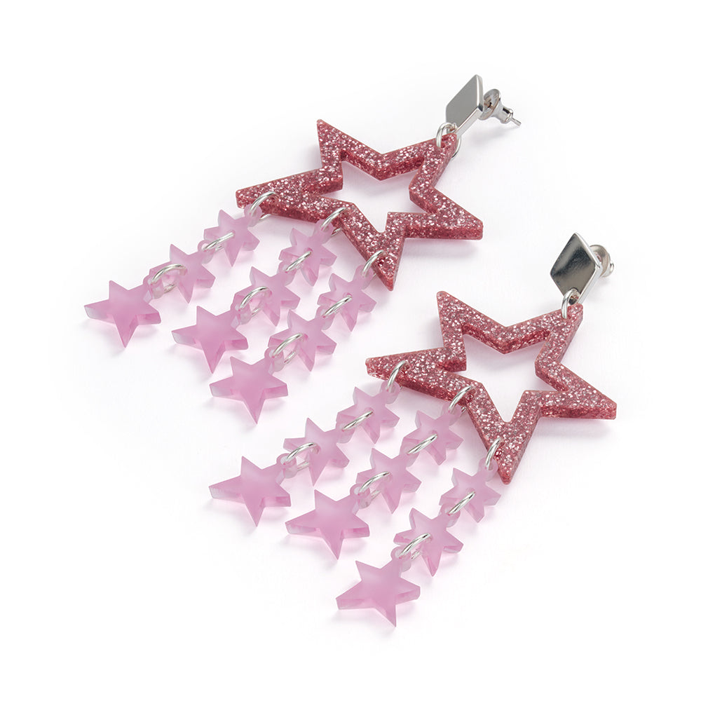 Star Chandelier Earrings - Hot Pink Glitter