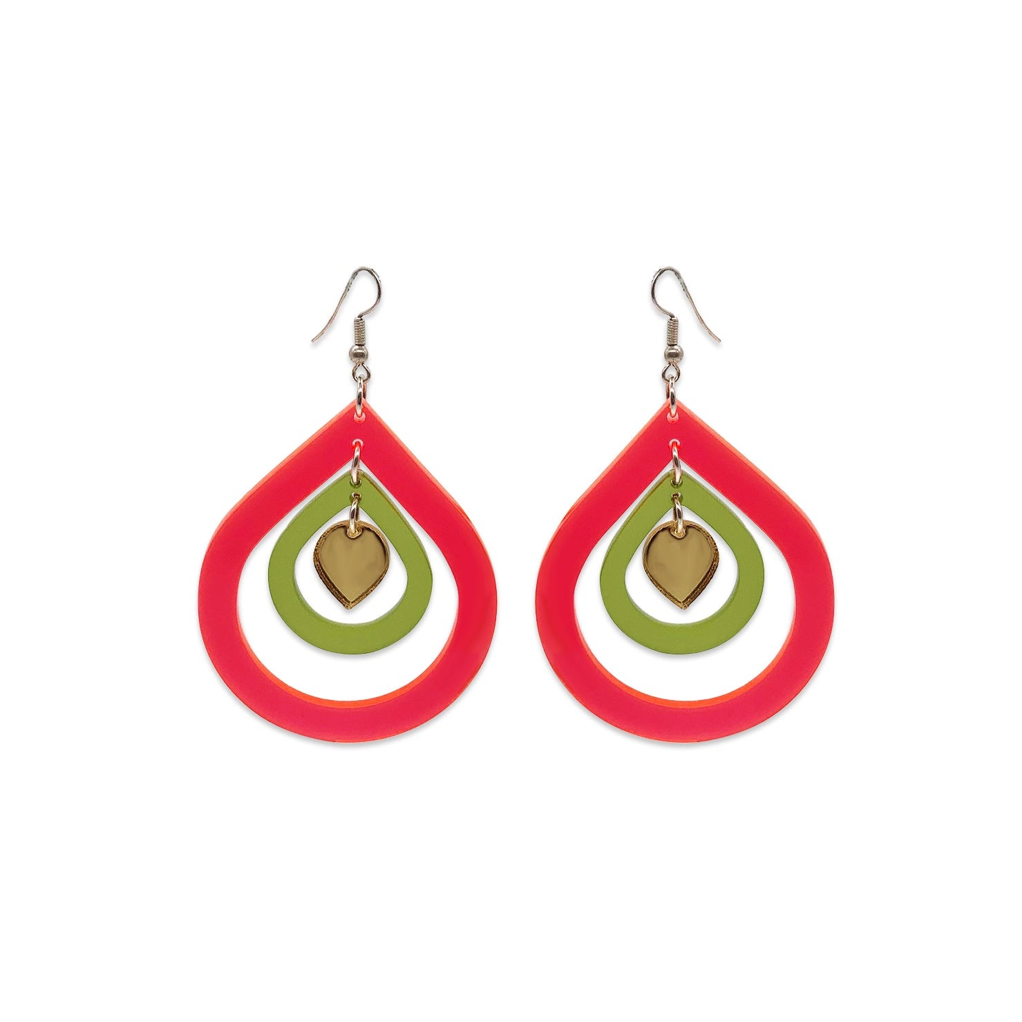 Statement Feather Earrings - Neon Pink, Lime Zest & Gold Mirror