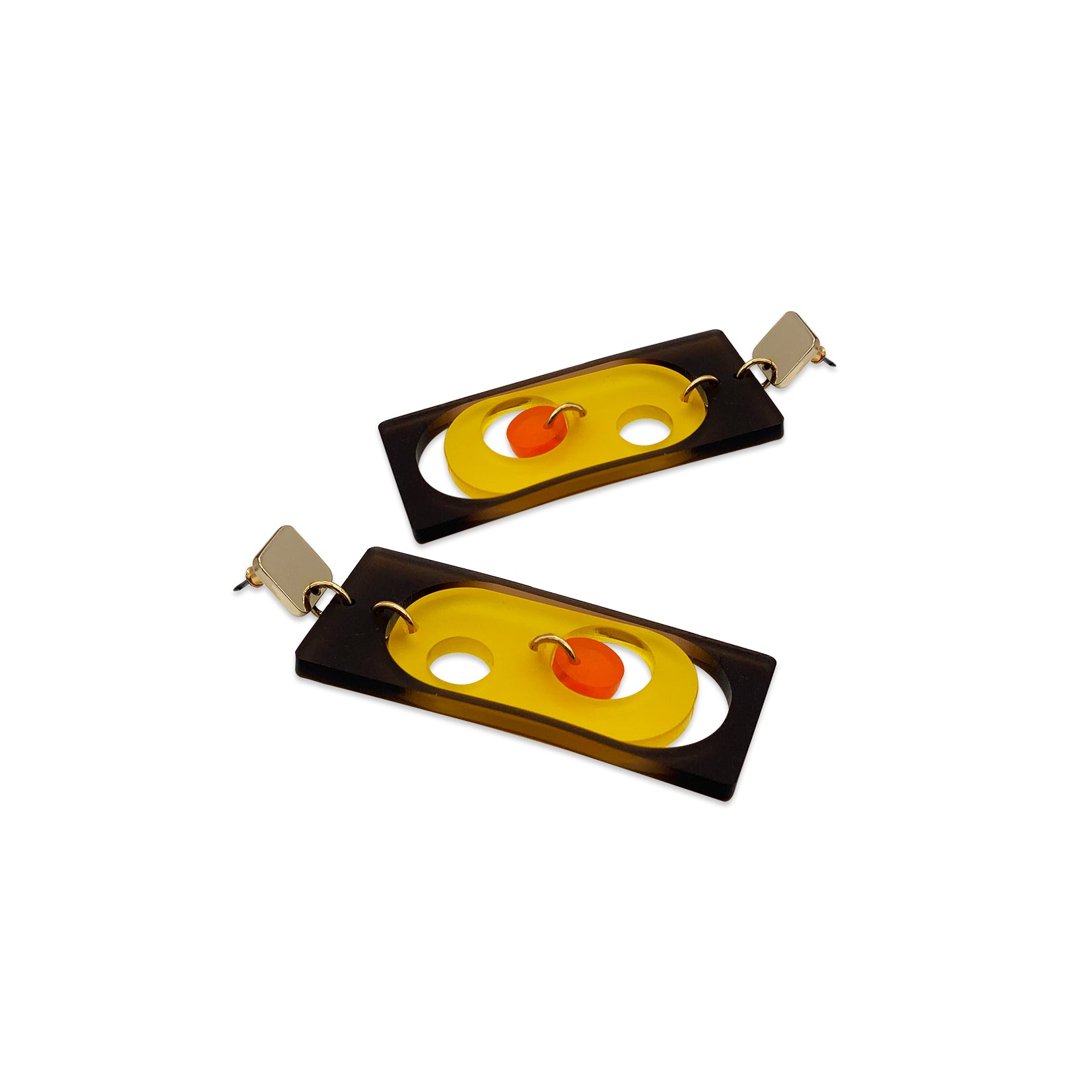 Funky Rectangle Earrings - Brown, Yellow & Orange