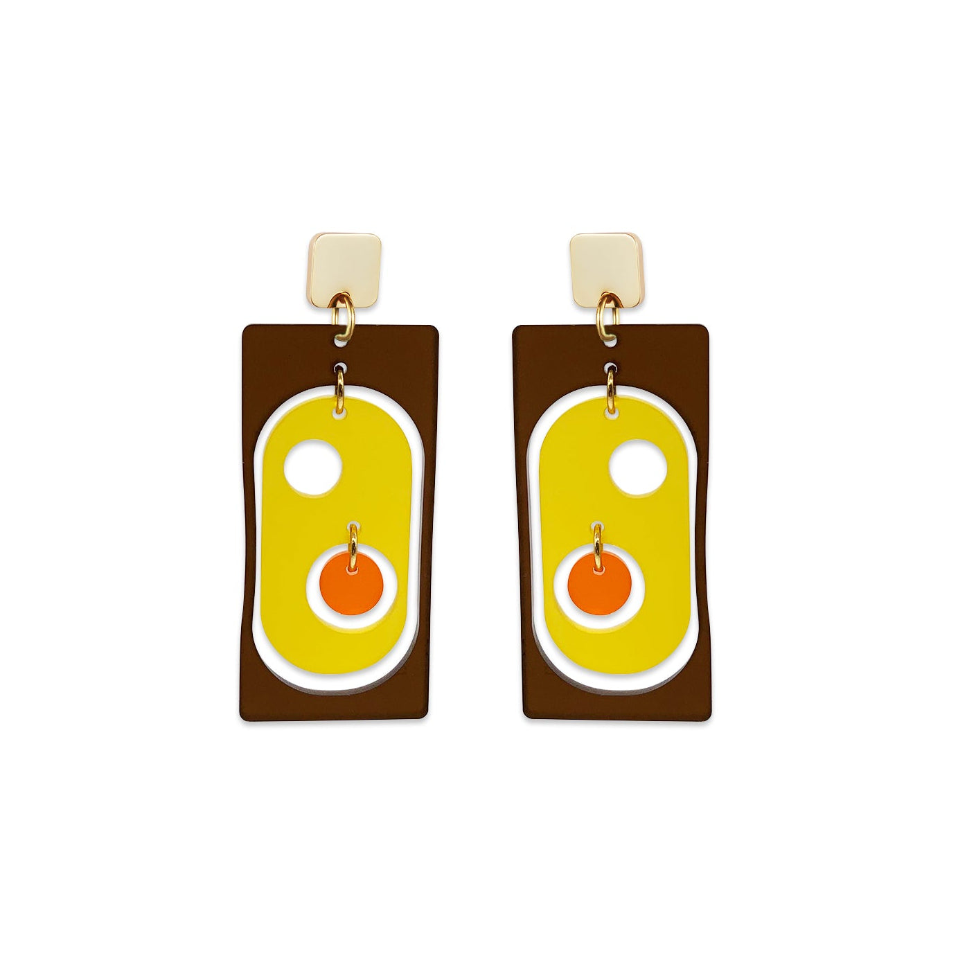 Funky Rectangle Earrings - Brown, Yellow & Orange