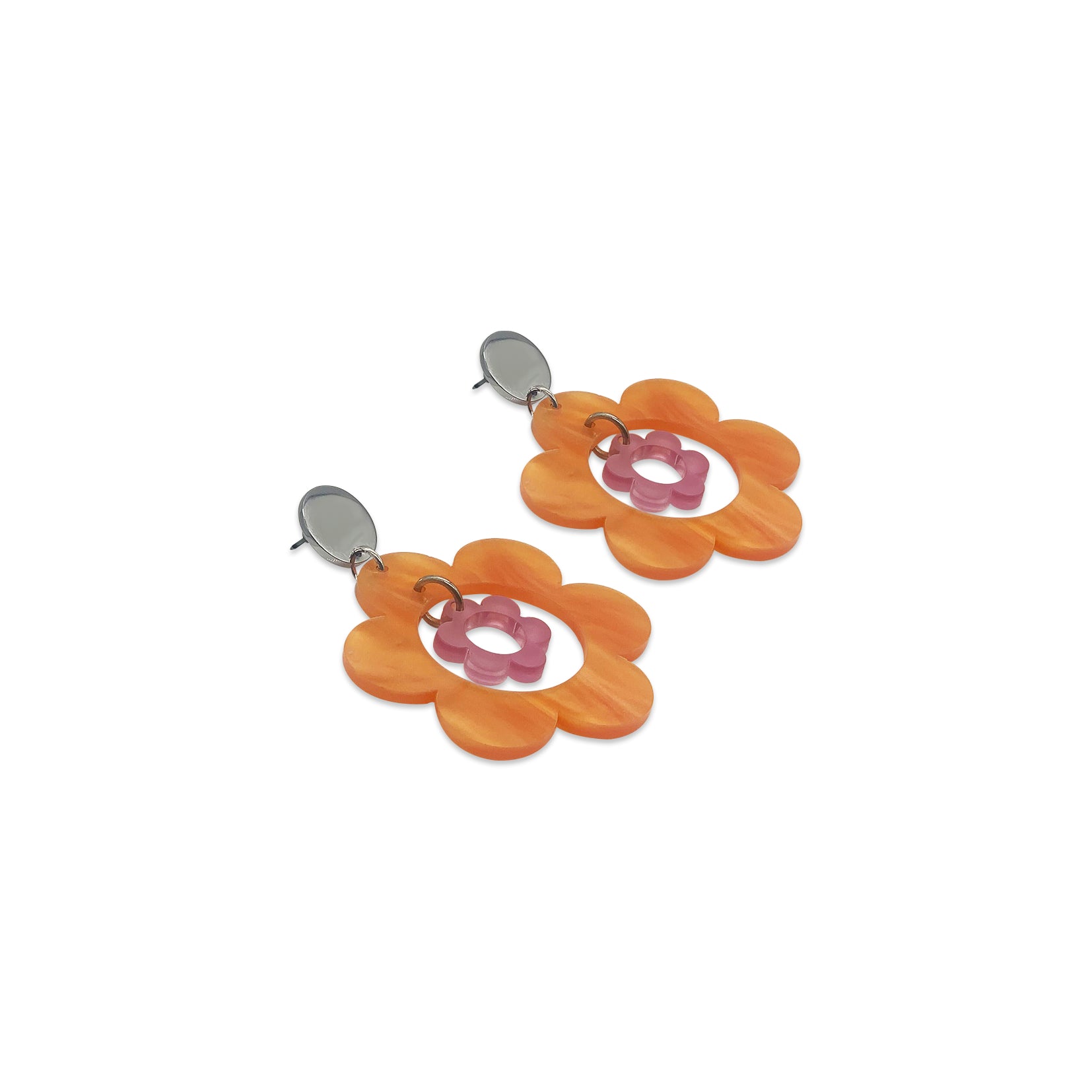 Statement Quant Flower Earrings - Orange Pearl & Heather