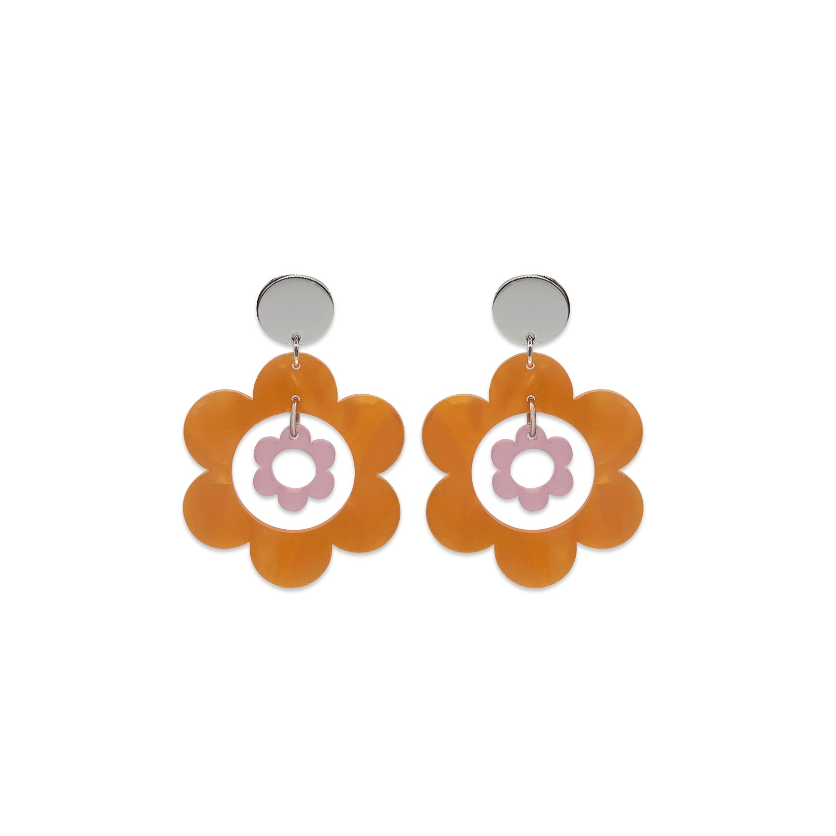 Statement Quant Flower Earrings - Orange Pearl & Heather