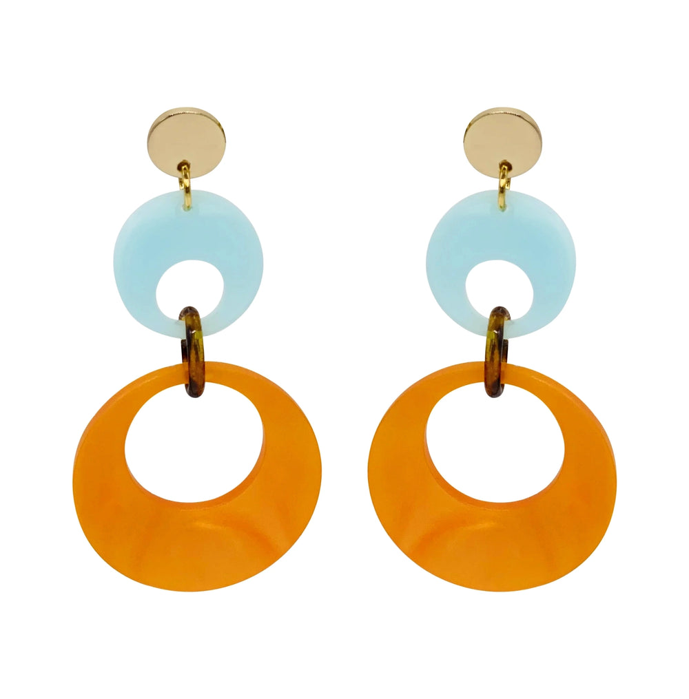 Swinging Circle Drop Earrings - Orange Pearl & Island Blue